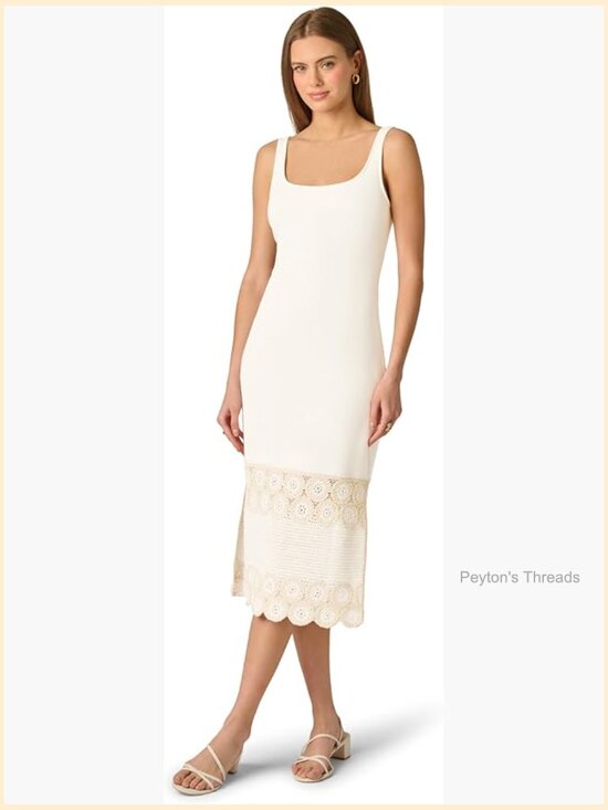Dresses & Skirts - Crochet Trim Sheath Midi Dress Sleeveless Square Neck Pull On
